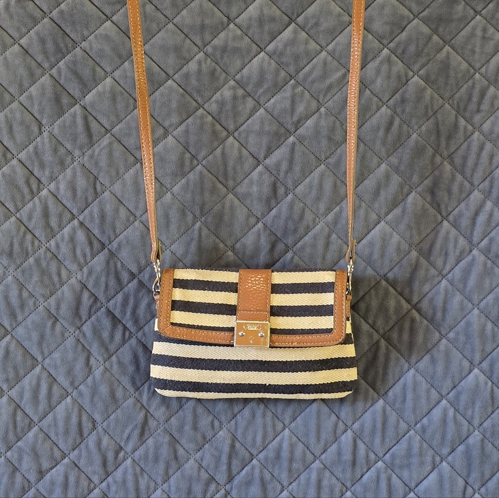 Chaps Striped Canvas Crossbody Bag with Tan Leather Trim